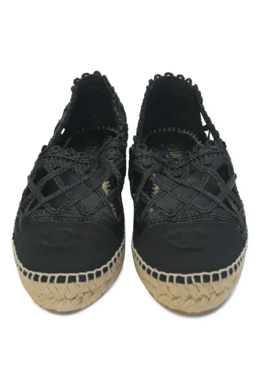 Black caged braided raffia and rubber slip-on espadrilles