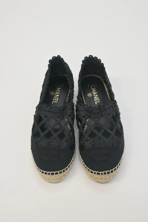 Black caged braided raffia and rubber slip-on espadrilles