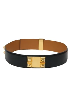 Black calfskin leather Collier de Chien 50 belt with gold-finish metal buckle