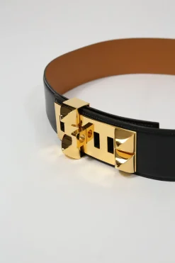 Black calfskin leather Collier de Chien 50 belt with gold-finish metal buckle