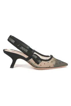Black calfskin suede and nude dotted Swiss tulle J'Adior sling-back pump with rhinestone-embellished suede ribbon and flat bow