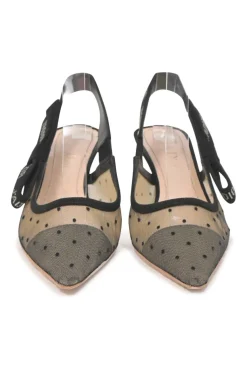 Black calfskin suede and nude dotted Swiss tulle J'Adior sling-back pump with rhinestone-embellished suede ribbon and flat bow