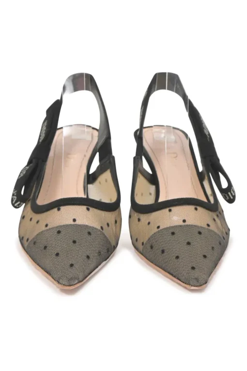 Black calfskin suede and nude dotted Swiss tulle J'Adior sling-back pump with rhinestone-embellished suede ribbon and flat bow