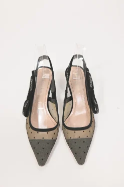 Black calfskin suede and nude dotted Swiss tulle J'Adior sling-back pump with rhinestone-embellished suede ribbon and flat bow