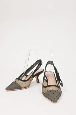 Black calfskin suede and nude dotted Swiss tulle J'Adior sling-back pump with rhinestone-embellished suede ribbon and flat bow