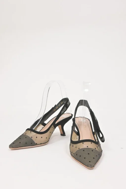 Black calfskin suede and nude dotted Swiss tulle J'Adior sling-back pump with rhinestone-embellished suede ribbon and flat bow