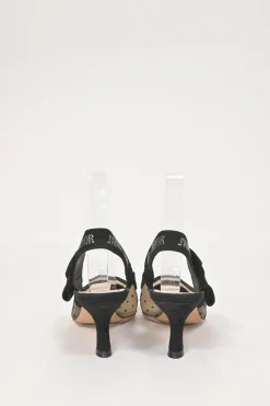 Black calfskin suede and nude dotted Swiss tulle J'Adior sling-back pump with rhinestone-embellished suede ribbon and flat bow
