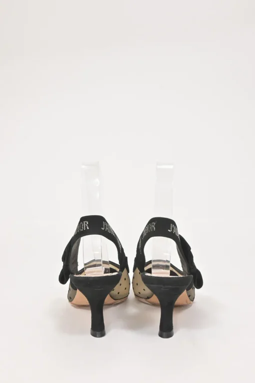 Black calfskin suede and nude dotted Swiss tulle J'Adior sling-back pump with rhinestone-embellished suede ribbon and flat bow