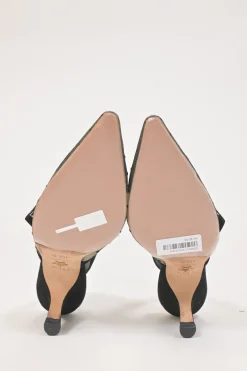 Black calfskin suede and nude dotted Swiss tulle J'Adior sling-back pump with rhinestone-embellished suede ribbon and flat bow
