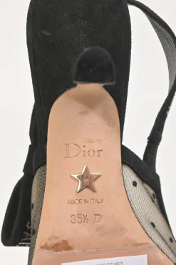 Black calfskin suede and nude dotted Swiss tulle J'Adior sling-back pump with rhinestone-embellished suede ribbon and flat bow