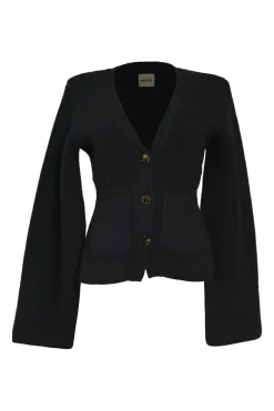 Black cashmere double knit button-front bell sleeve cardigan