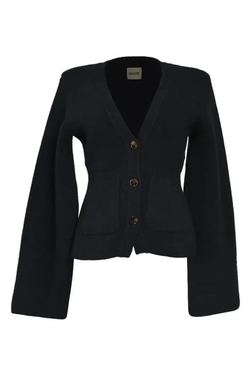 Black cashmere double knit button-front bell sleeve cardigan