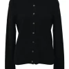 Black cashmere jersey knit two-piece set with crewneck vest and tonal button-front cardigan