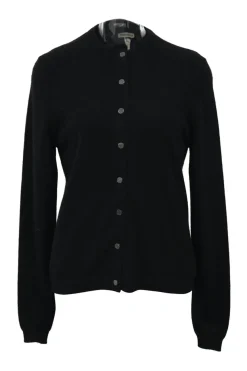Black cashmere jersey knit two-piece set with crewneck vest and tonal button-front cardigan