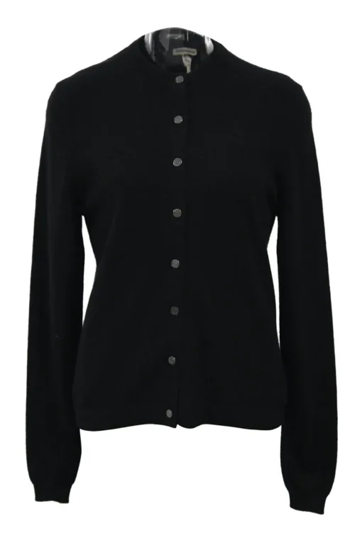 Black cashmere jersey knit two-piece set with crewneck vest and tonal button-front cardigan