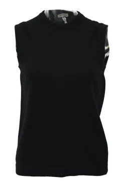 Black cashmere jersey knit two-piece set with crewneck vest and tonal button-front cardigan