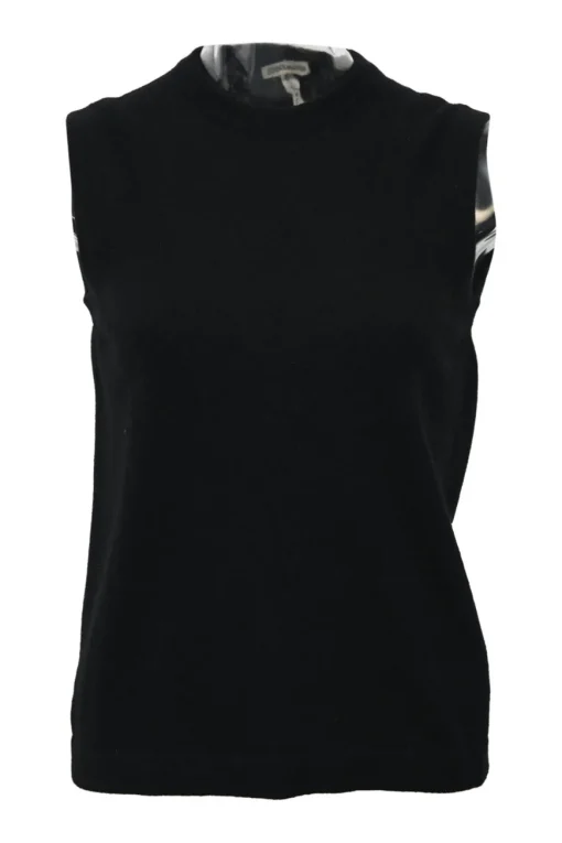 Black cashmere jersey knit two-piece set with crewneck vest and tonal button-front cardigan