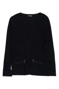 Black cashmere snap-front cardigan with zip pockets