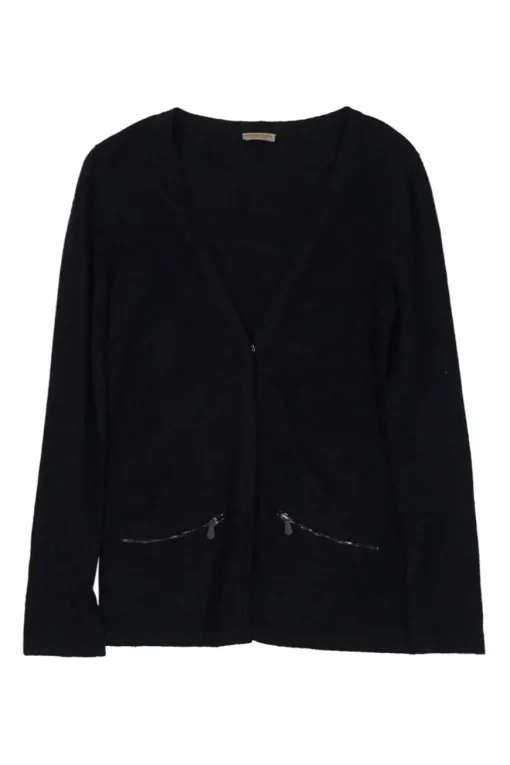 Black cashmere snap-front cardigan with zip pockets