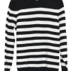 Black cashmere two-tone striped pullover crewneck sweater with ribbed collar, cuffs, and hem