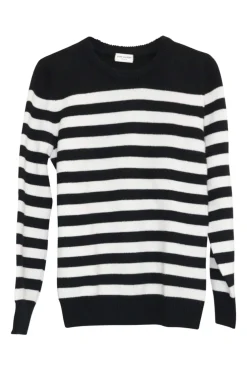 Black cashmere two-tone striped pullover crewneck sweater with ribbed collar, cuffs, and hem