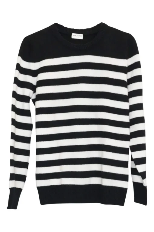 Black cashmere two-tone striped pullover crewneck sweater with ribbed collar, cuffs, and hem