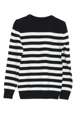 Black cashmere two-tone striped pullover crewneck sweater with ribbed collar, cuffs, and hem