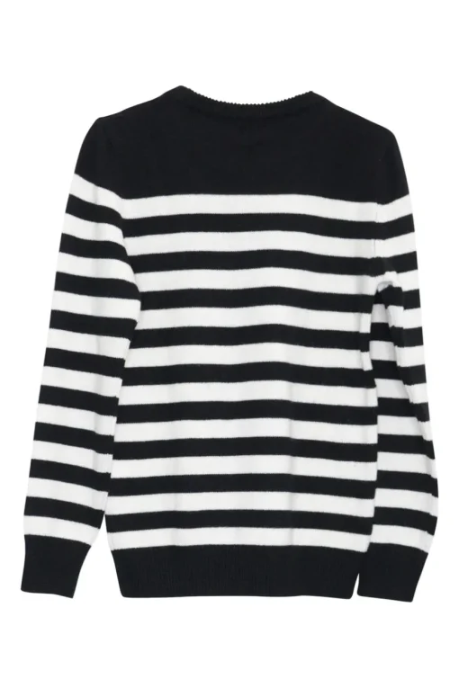 Black cashmere two-tone striped pullover crewneck sweater with ribbed collar, cuffs, and hem