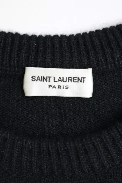 Black cashmere two-tone striped pullover crewneck sweater with ribbed collar, cuffs, and hem