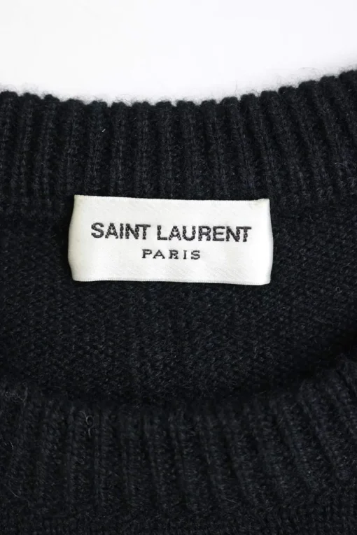 Black cashmere two-tone striped pullover crewneck sweater with ribbed collar, cuffs, and hem