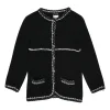 Black cashmere-cotton blend cardigan jacket with bouclé knit edges and Coco Mark shank buttons