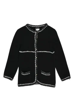 Black cashmere-cotton blend cardigan jacket with bouclé knit edges and Coco Mark shank buttons