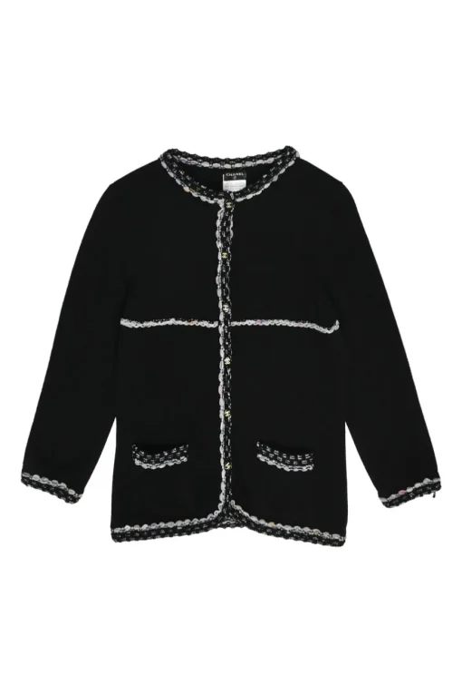 Black cashmere-cotton blend cardigan jacket with bouclé knit edges and Coco Mark shank buttons