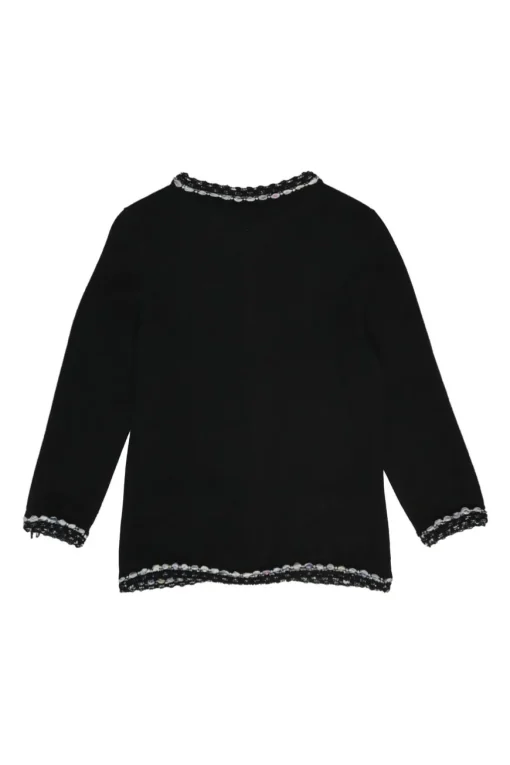 Black cashmere-cotton blend cardigan jacket with bouclé knit edges and Coco Mark shank buttons