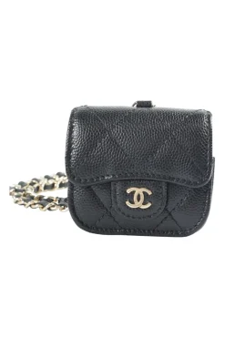 Black caviar leather quilted airpod pro case with detachable shoulder chain