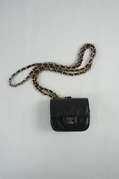 Black caviar leather quilted airpod pro case with detachable shoulder chain