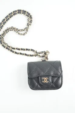 Black caviar leather quilted airpod pro case with detachable shoulder chain