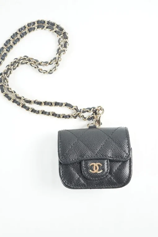 Black caviar leather quilted airpod pro case with detachable shoulder chain