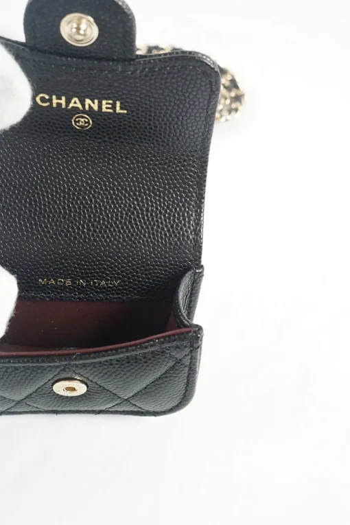 Black caviar leather quilted airpod pro case with detachable shoulder chain