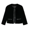 Black chainlink-trimmed viscose-blend velvet cropped collarless jacket and pull-on high-rise skinny pant set