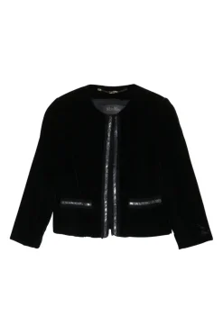 Black chainlink-trimmed viscose-blend velvet cropped collarless jacket and pull-on high-rise skinny pant set