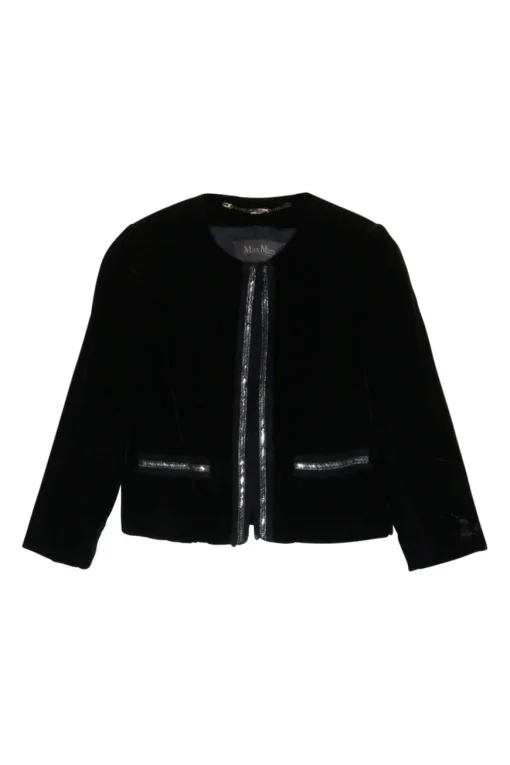 Black chainlink-trimmed viscose-blend velvet cropped collarless jacket and pull-on high-rise skinny pant set