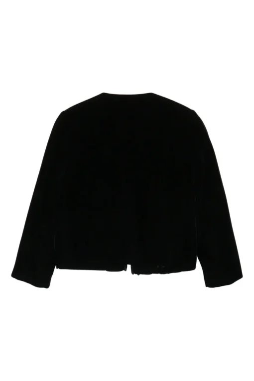 Black chainlink-trimmed viscose-blend velvet cropped collarless jacket and pull-on high-rise skinny pant set