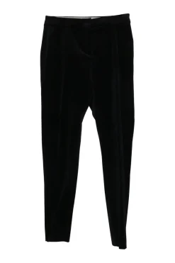 Black chainlink-trimmed viscose-blend velvet cropped collarless jacket and pull-on high-rise skinny pant set
