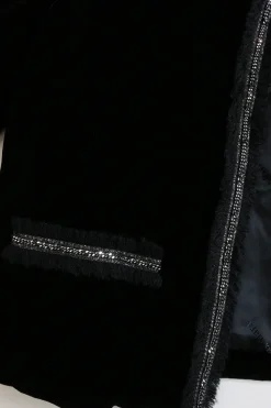 Black chainlink-trimmed viscose-blend velvet cropped collarless jacket and pull-on high-rise skinny pant set