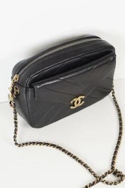 Black Chanel Coco chevron envelope and camera case crossbody bag with detachable wallet from 2016 Cruise Collection