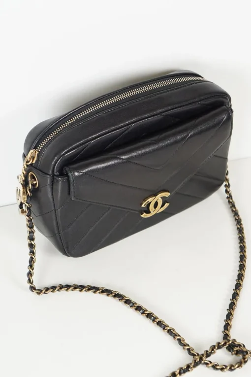 Black Chanel Coco chevron envelope and camera case crossbody bag with detachable wallet from 2016 Cruise Collection