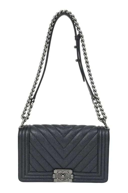 Black chevron panelling caviar leather Medium V-Stitch Boy Bag with aged ruthenium hardware