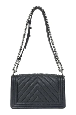Black chevron panelling caviar leather Medium V-Stitch Boy Bag with aged ruthenium hardware