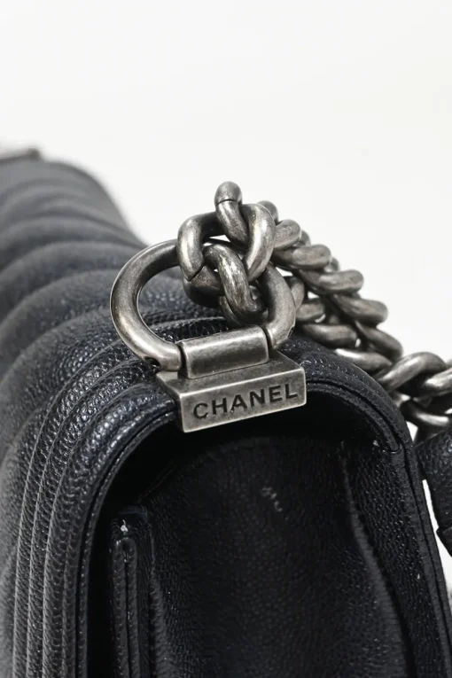 Black chevron panelling caviar leather Medium V-Stitch Boy Bag with aged ruthenium hardware